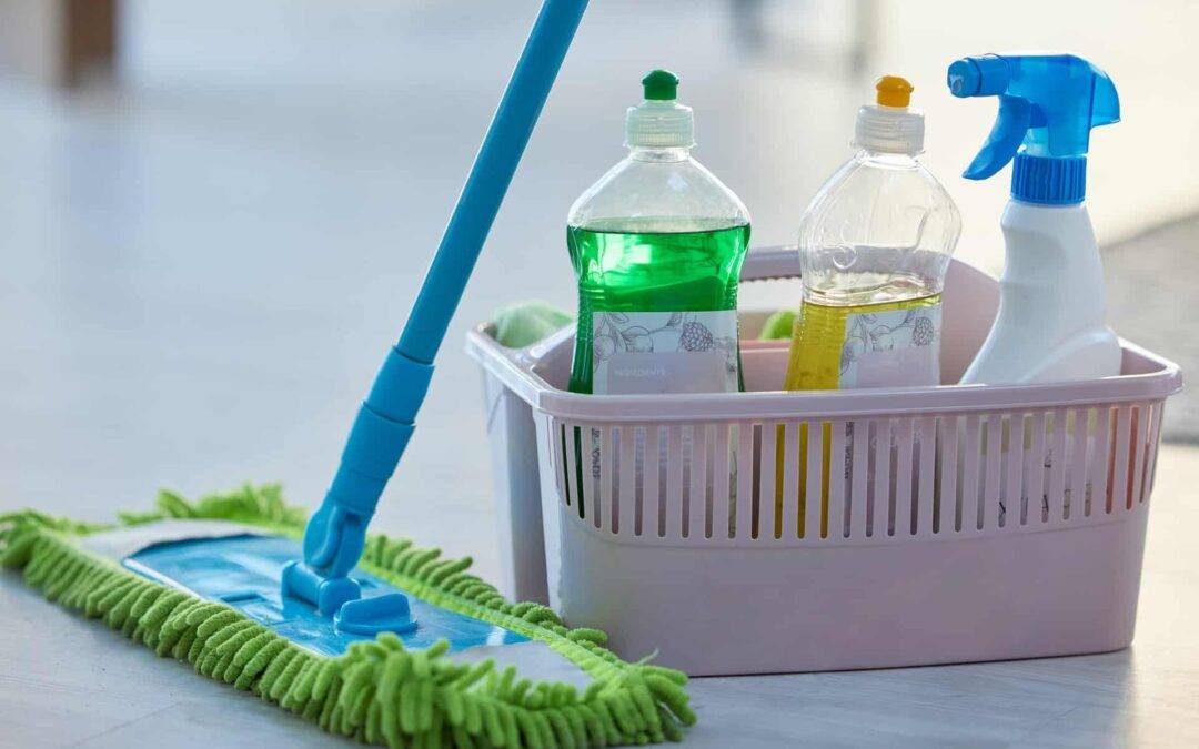 Cleaning, product and basket with mop, bottle and spray for cleaning services, wellness or chemical