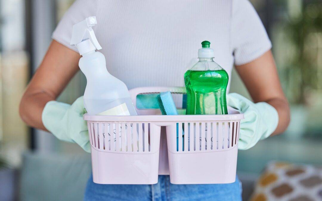 Woman, hands and basket for cleaning and housework with cleaning products for living room clean. Hy